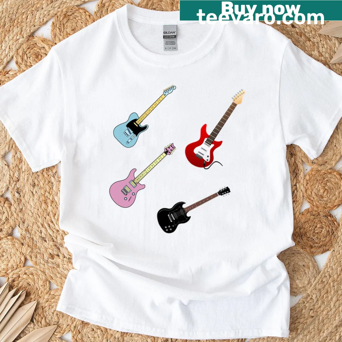 Illustrated guitar and musical notes graphic on a T-shirt. — on a men's t-shirt