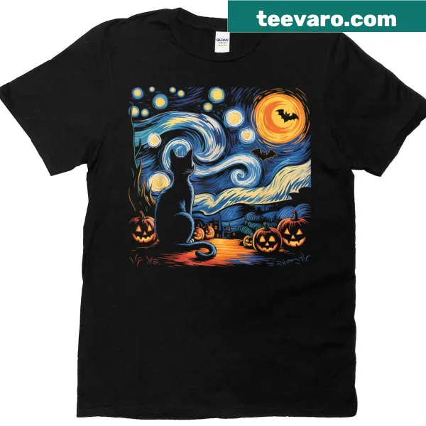 Black cat on a Van Gogh Starry Night background for Halloween.