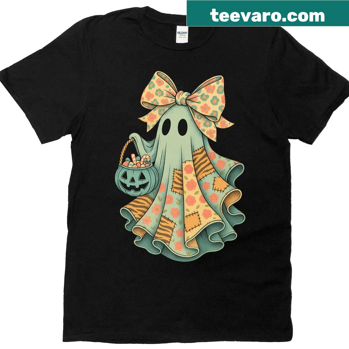 Halloween t-shirt featuring ghost, floral, and tiger illustrations — on a men's t-shirt
