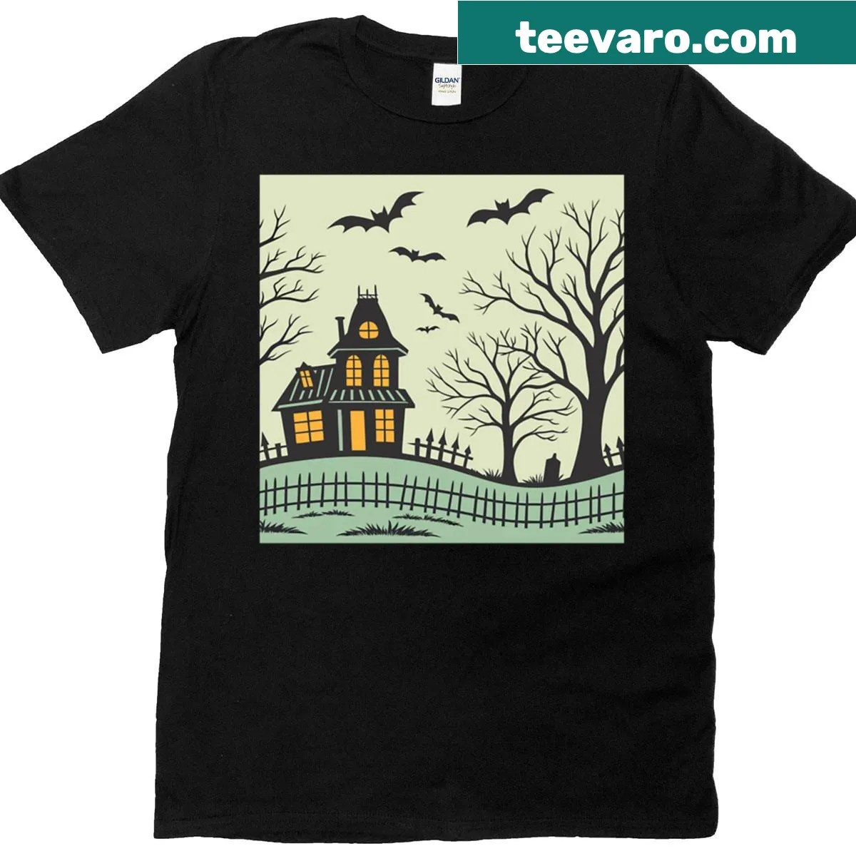 Oversized T-shirt with blocky haunted houses silhouettes for Halloween — on a men's t-shirt