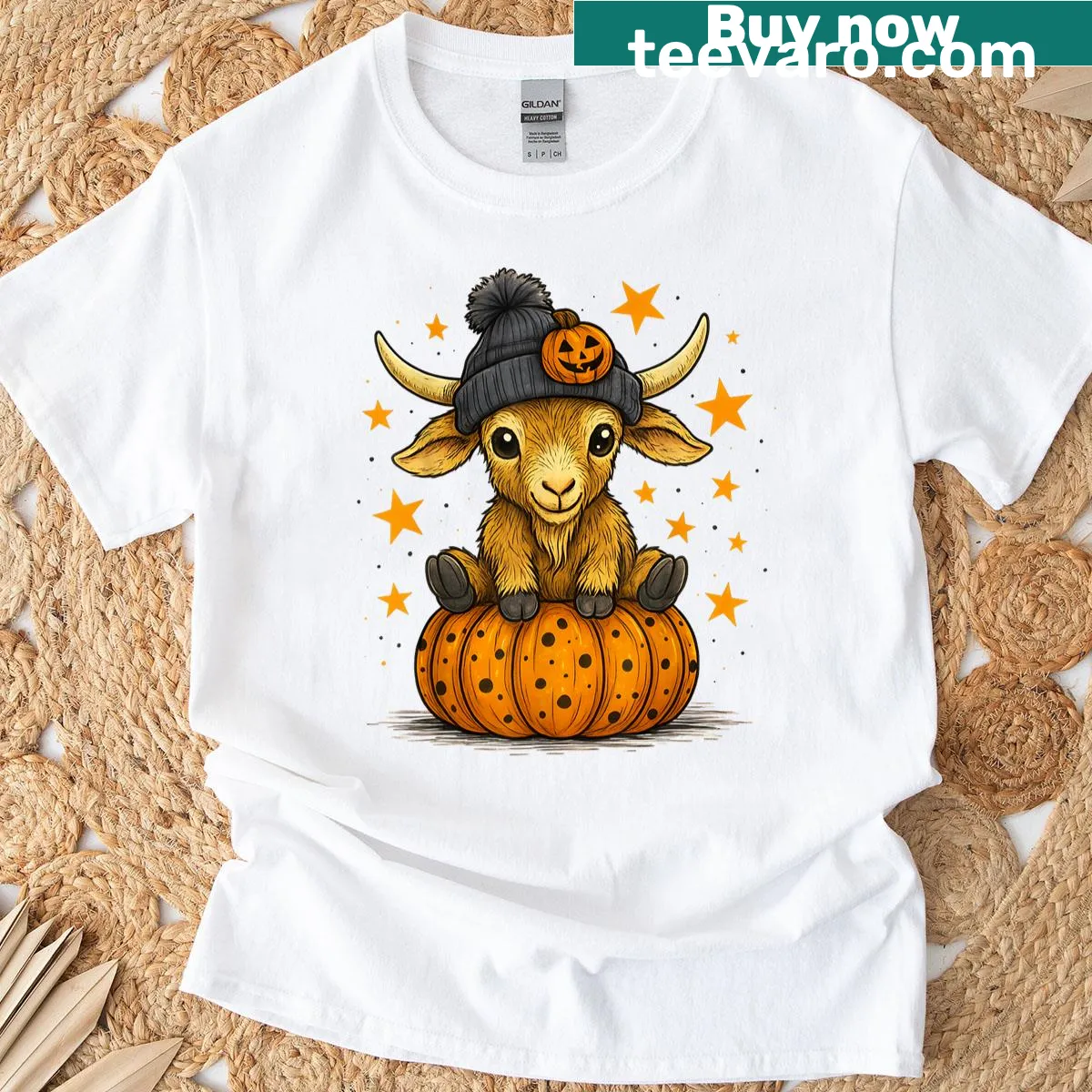 Whimsical design featuring a highland goat and pumpkins for Halloween — on a men's t-shirt