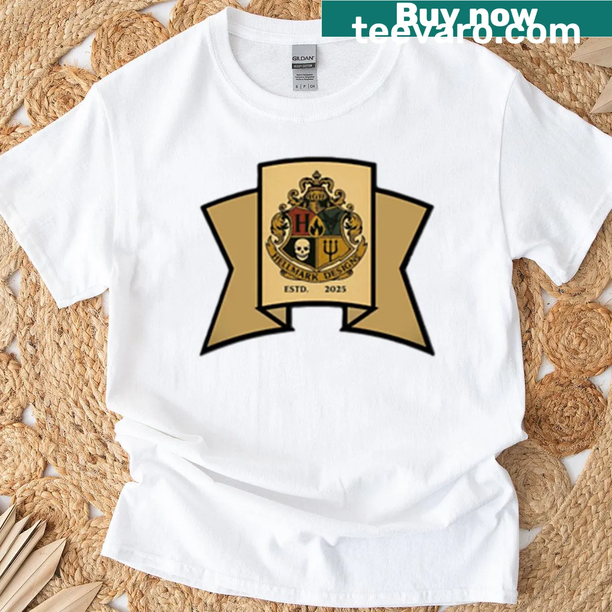 Vintage crest t-shirt featuring Hellmark Designs and establishment year 2025 — on a men's t-shirt