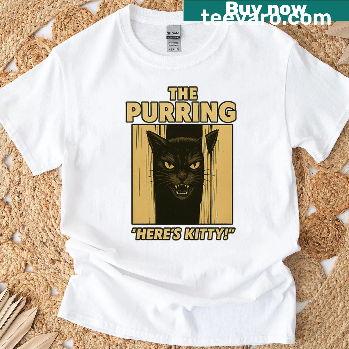 Whimsical cat-themed fan art t-shirt with playful kitty illustration — on a men's t-shirt