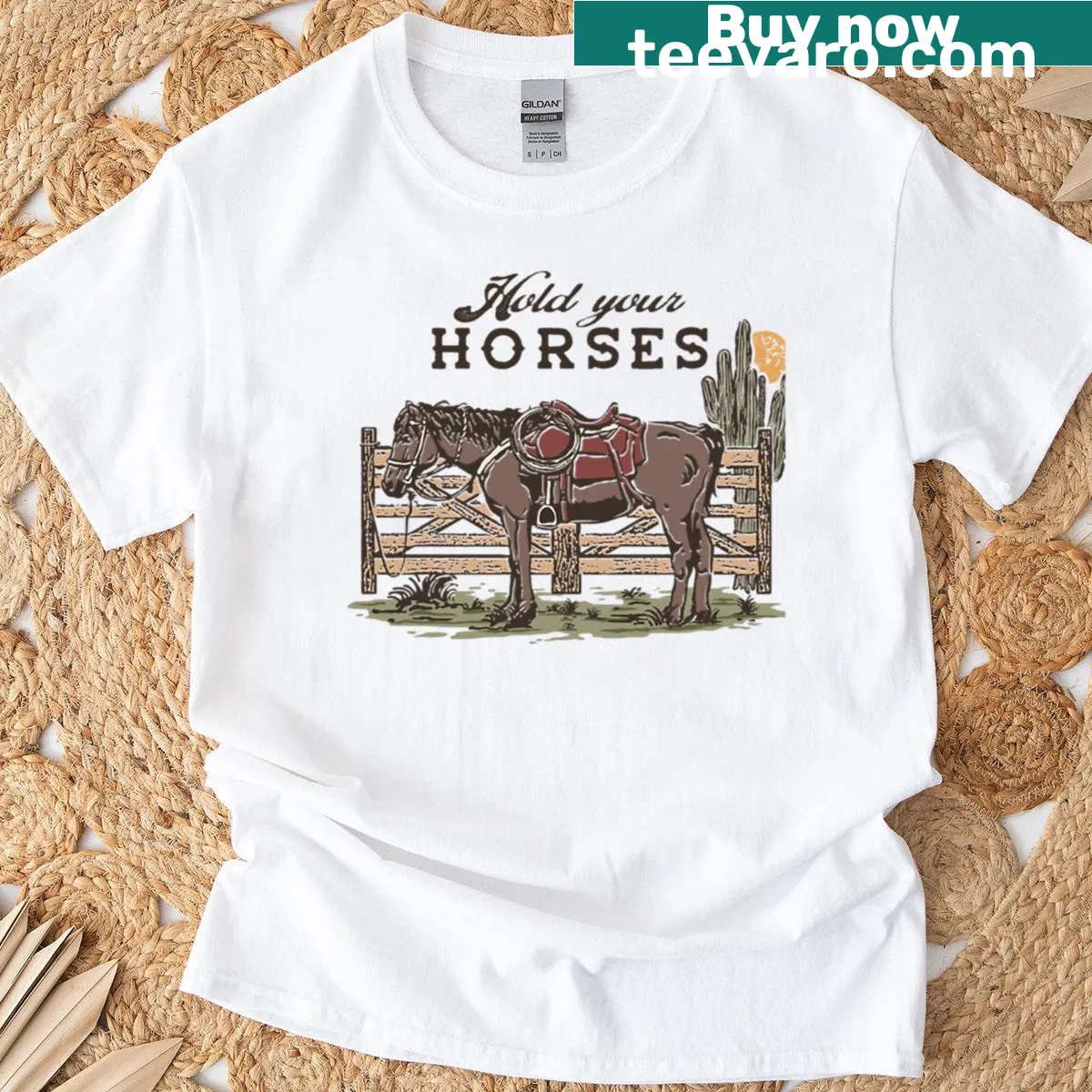 Playful t-shirt featuring the phrase 'Hold Your Horses' — on a men's t-shirt