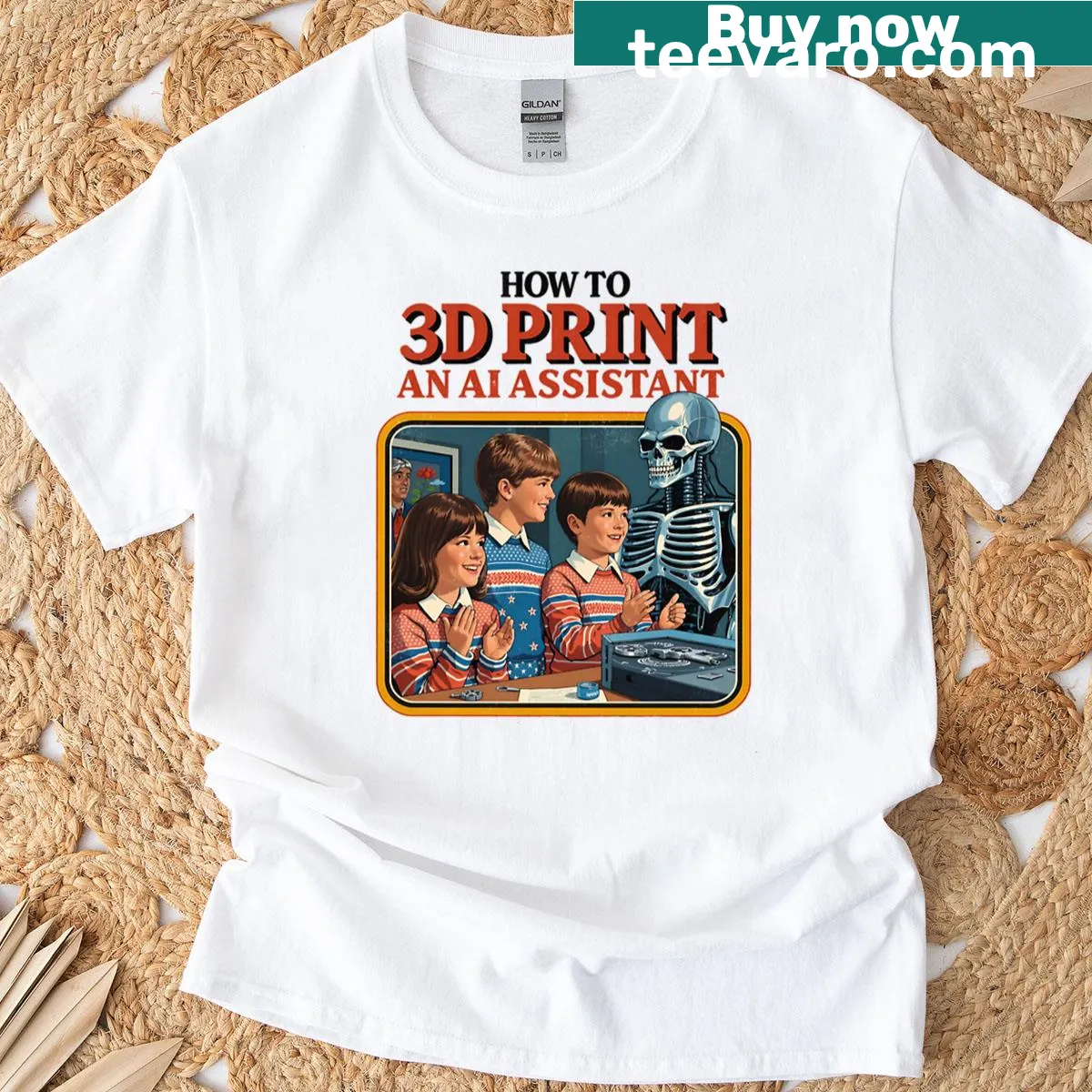 Retro graphic tee depicting 3D printing an AI assistant. — on a men's t-shirt