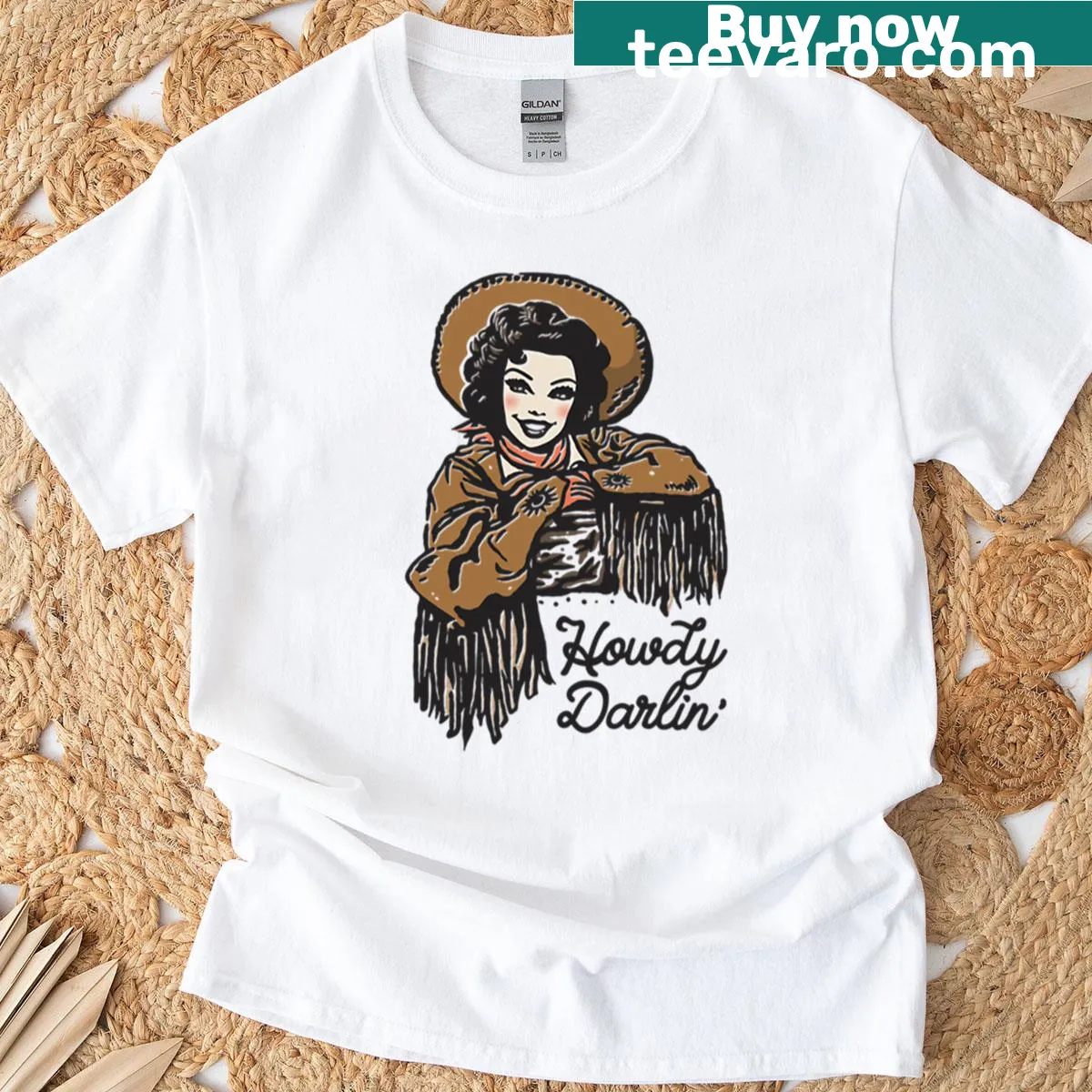 Cute fitted scoop T-shirt with 'Howdy Darlin' text in a cowgirl style. — on a men's t-shirt