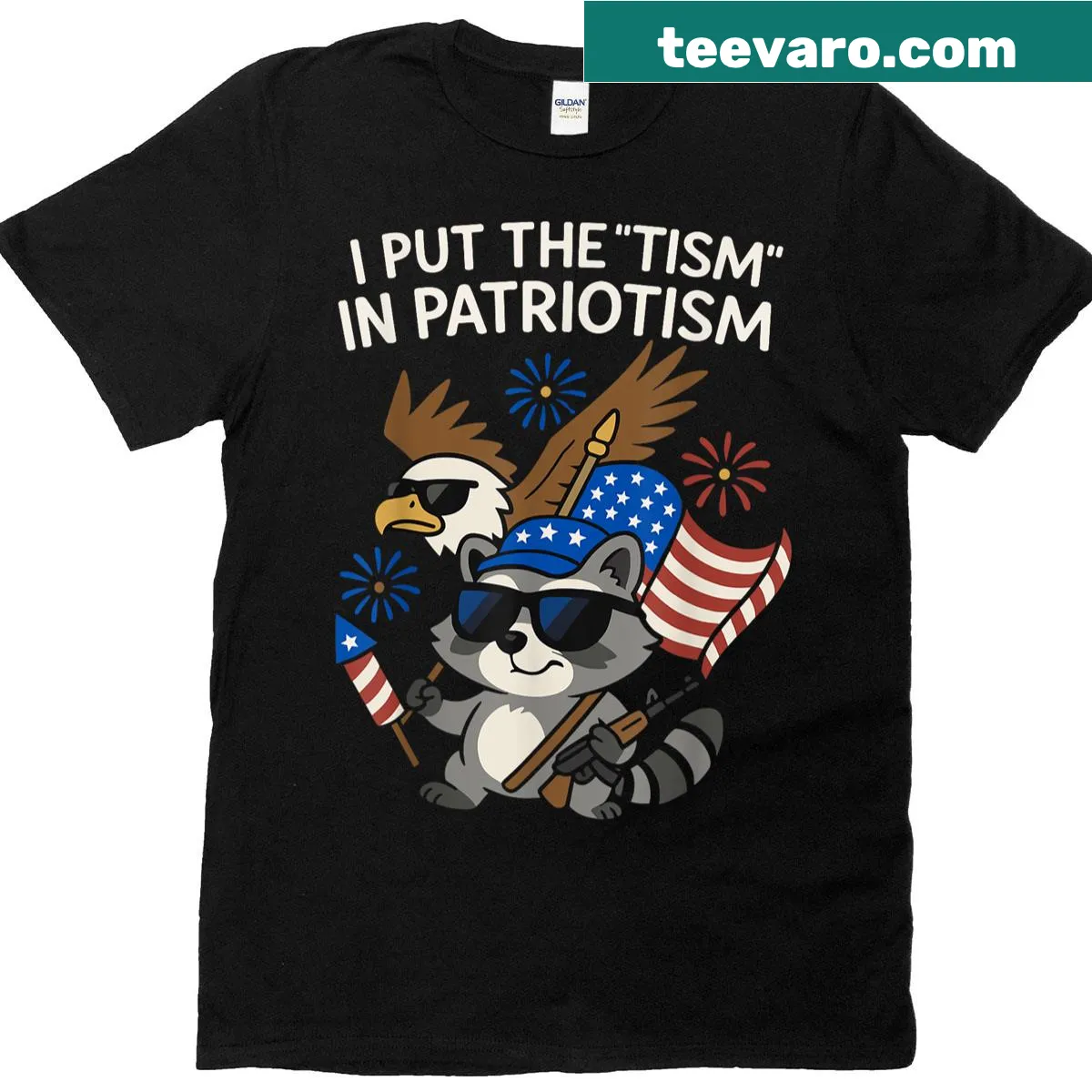 T-shirt with a playful message about patriotism and an athletic eagle graphic. — on a men's t-shirt