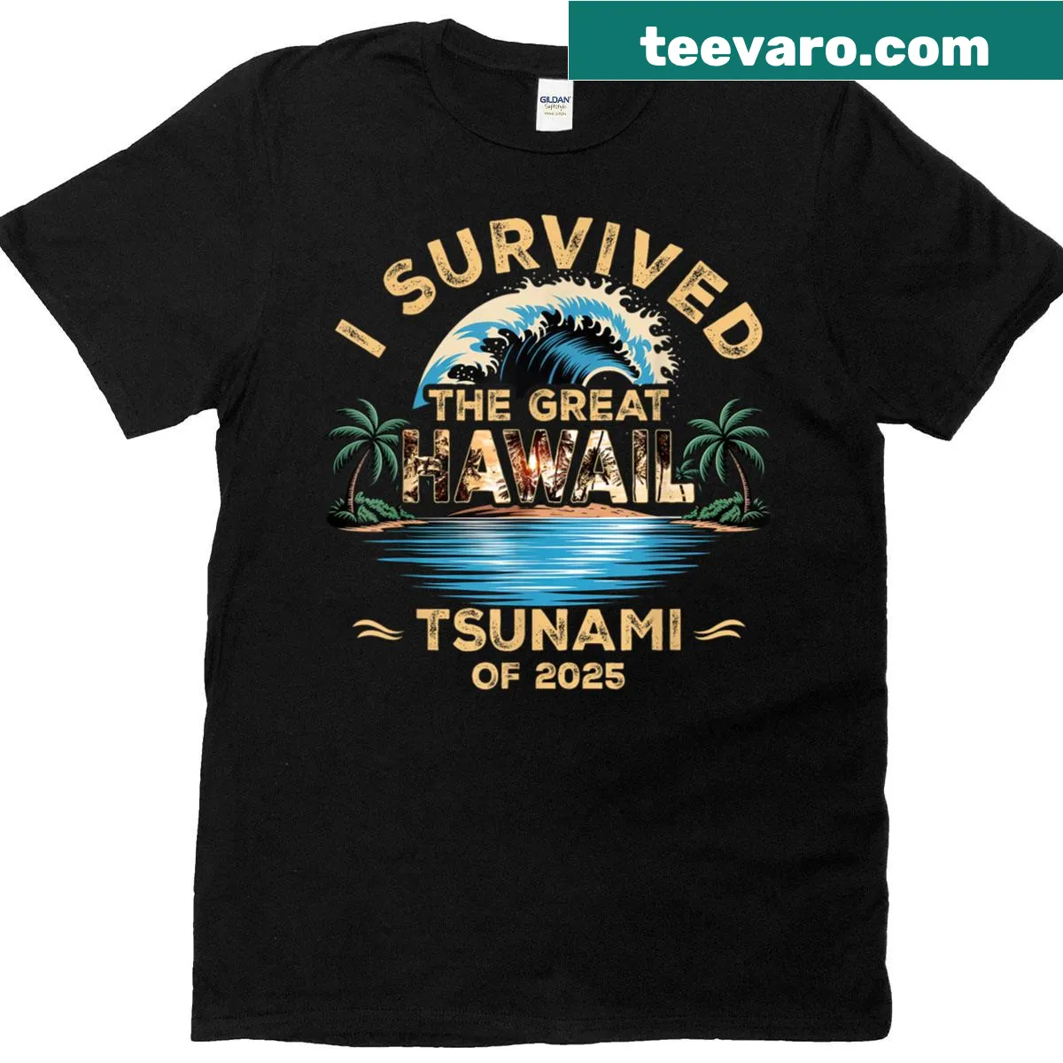 T-shirt about surviving a fictional tsunami in Hawaii — on a men's t-shirt