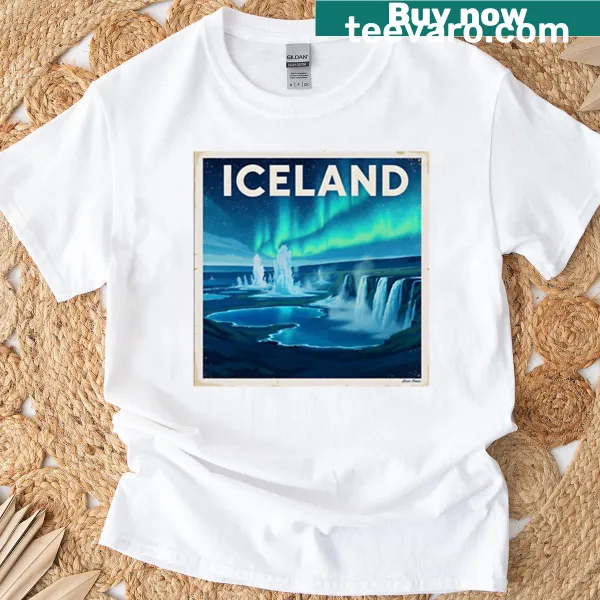 Vintage travel poster t-shirt featuring Iceland design