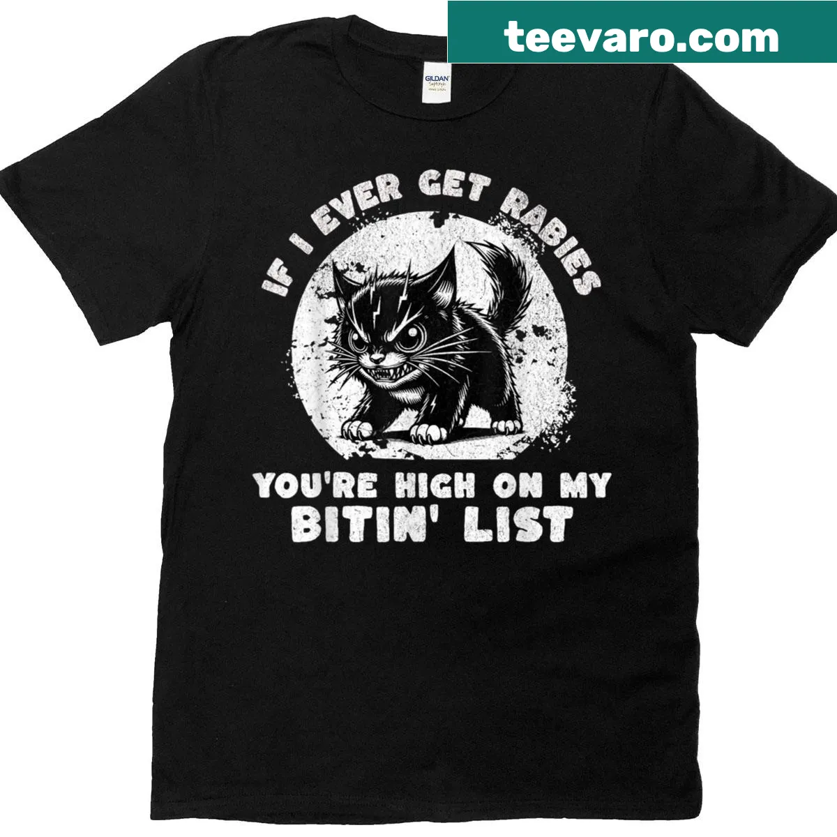 Angry cat humor t-shirt with biting reference — on a men's t-shirt