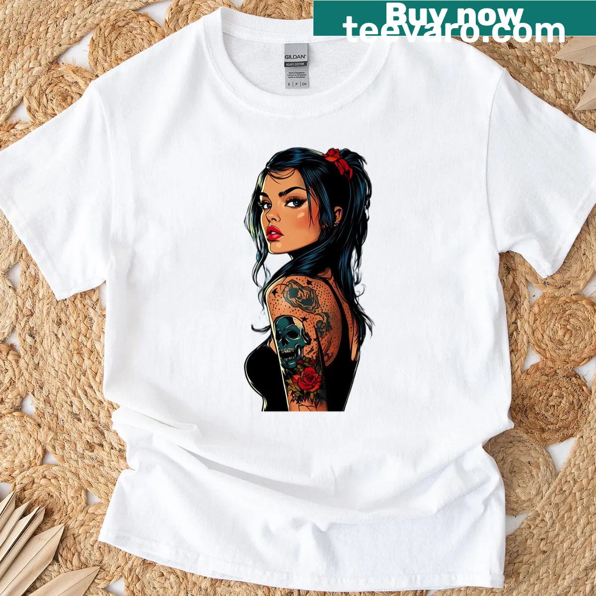 Illustration of tattooed woman with red bow graphic — on a men's t-shirt