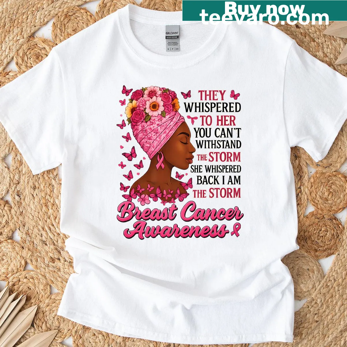 Empowering breast cancer survivor t-shirt with pink ribbon and text — on a men's t-shirt