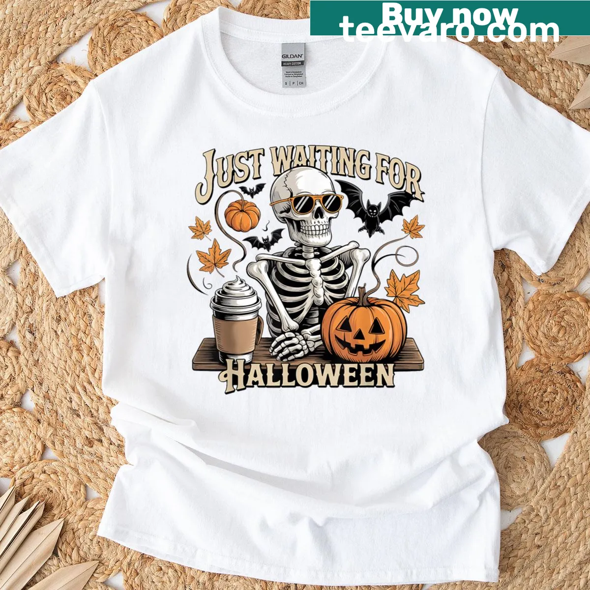 Cartoon-style Halloween T-shirt with a skeleton and jack-o'-lantern — on a men's t-shirt