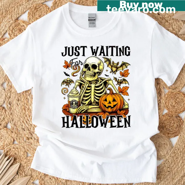 Skeleton holding pumpkin spice latte with Halloween theme