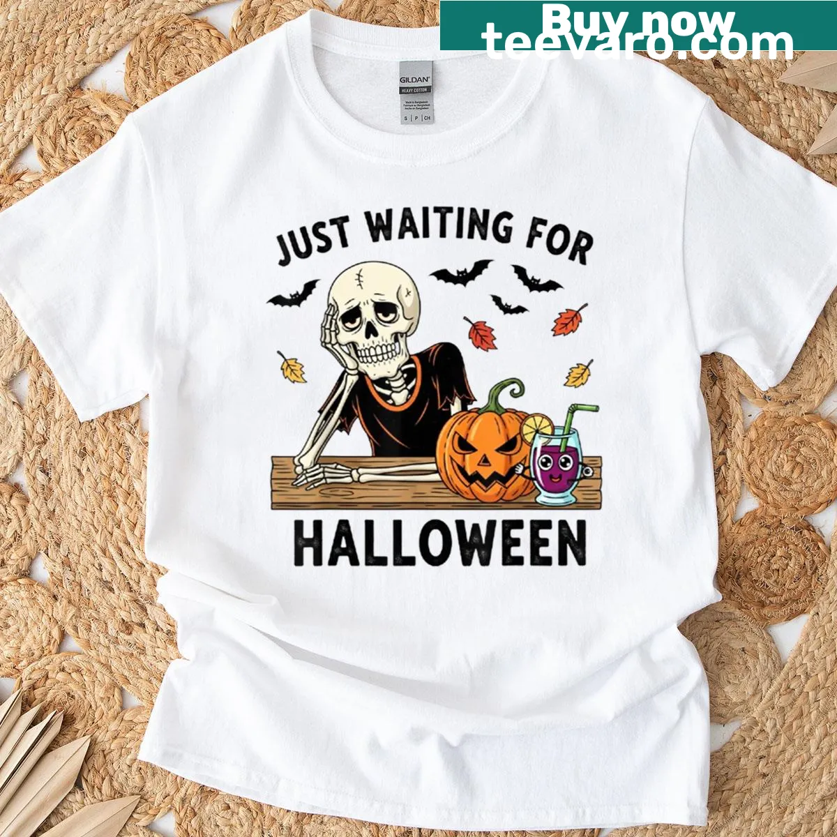 Skeleton graphic t-shirt with 'Just Waiting For Halloween' theme — on a men's t-shirt