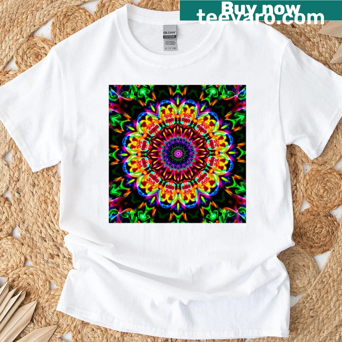 Minimalist t-shirt featuring an abstract kaleidoscope design. — on a men's t-shirt