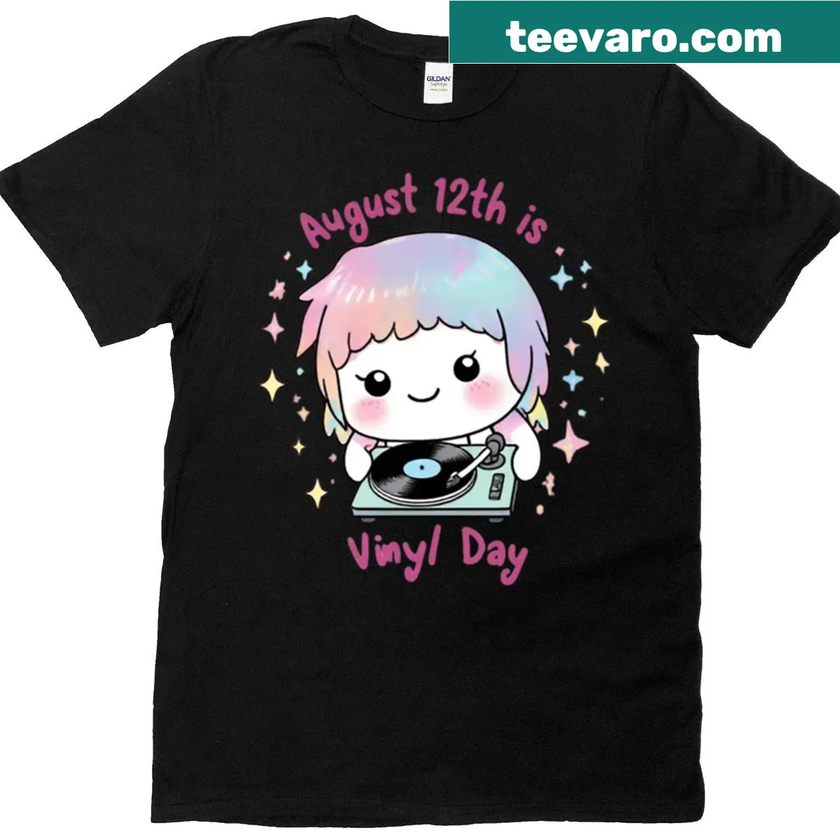 Kawaii T-shirt with cute characters and musical elements — on a men's t-shirt