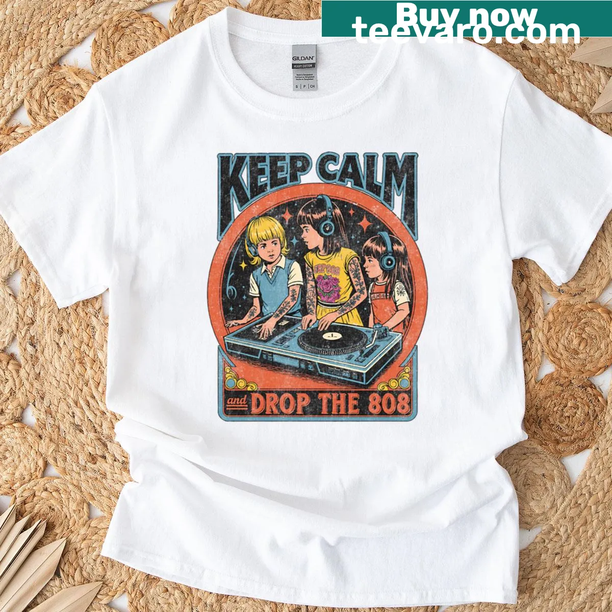 Retro DJ t-shirt with 'Keep Calm And Drop The 808' text — on a men's t-shirt