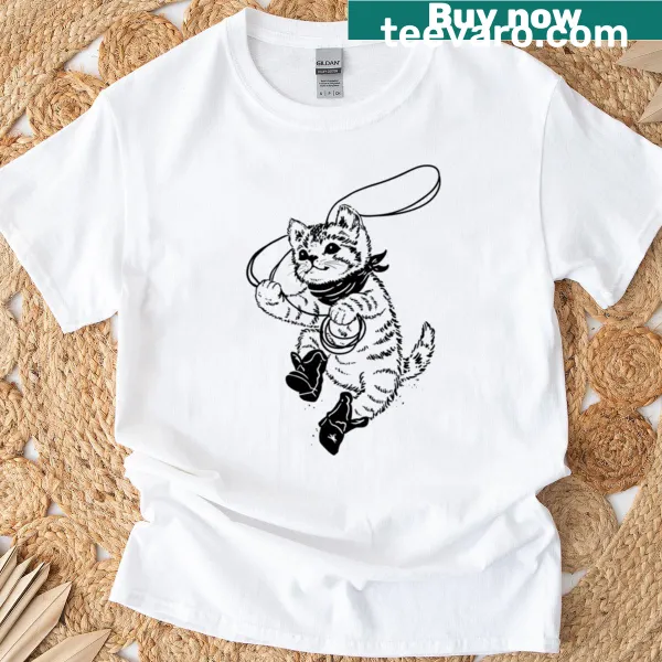 Cute kitty in cowboy attire illustration on a fitted scoop T-shirt