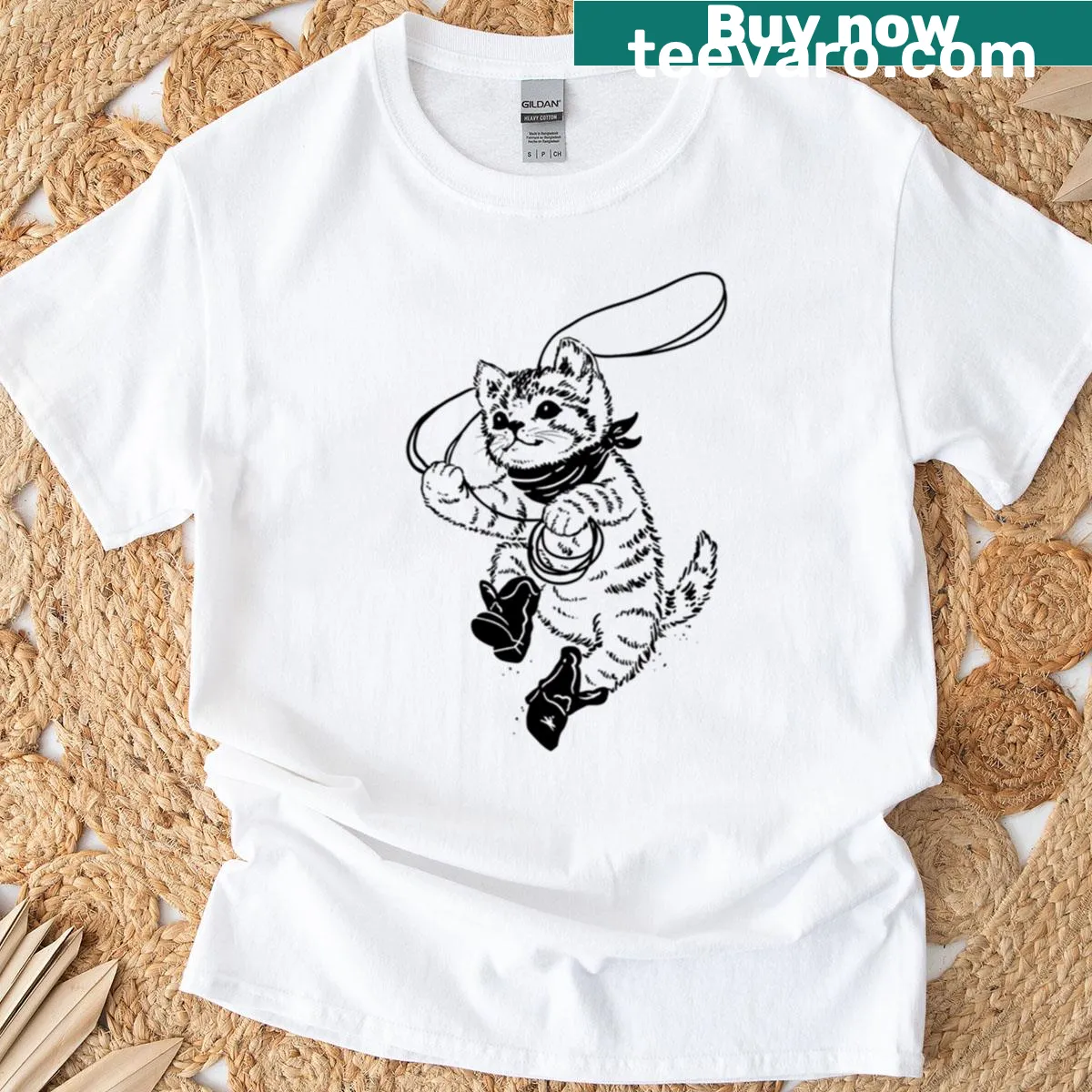 Cute kitty in cowboy attire illustration on a fitted scoop T-shirt — on a men's t-shirt