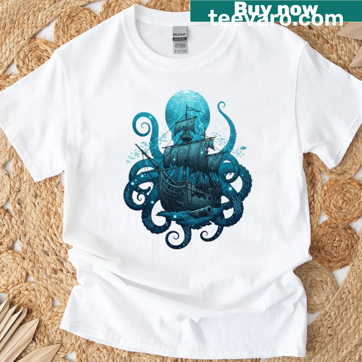 Krakens Embrace On The High Seas T-shirt with mythical kraken design — on a men's t-shirt