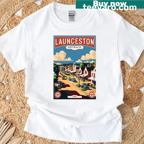 Vintage travel-themed T-shirt featuring Launceston, Australia