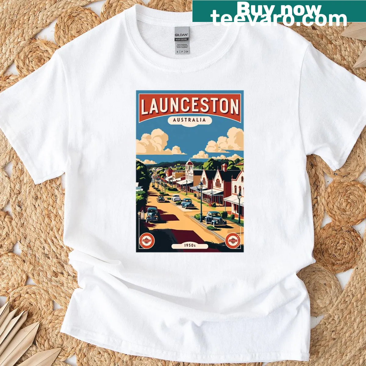 Vintage travel-themed T-shirt featuring Launceston, Australia — on a men's t-shirt