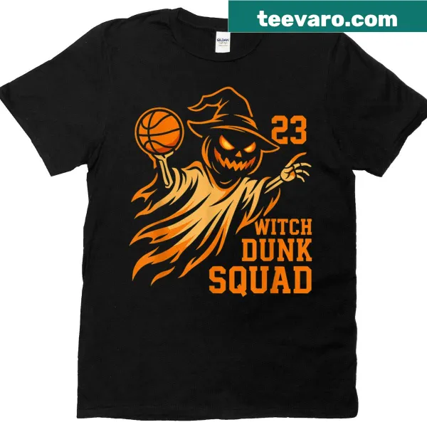 Halloween-themed basketball ghost witch graphic on a t-shirt