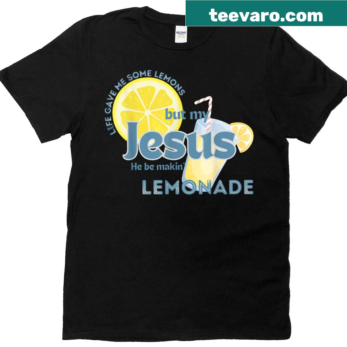 Inspirational text on overcoming challenges with faith and humor — on a men's t-shirt