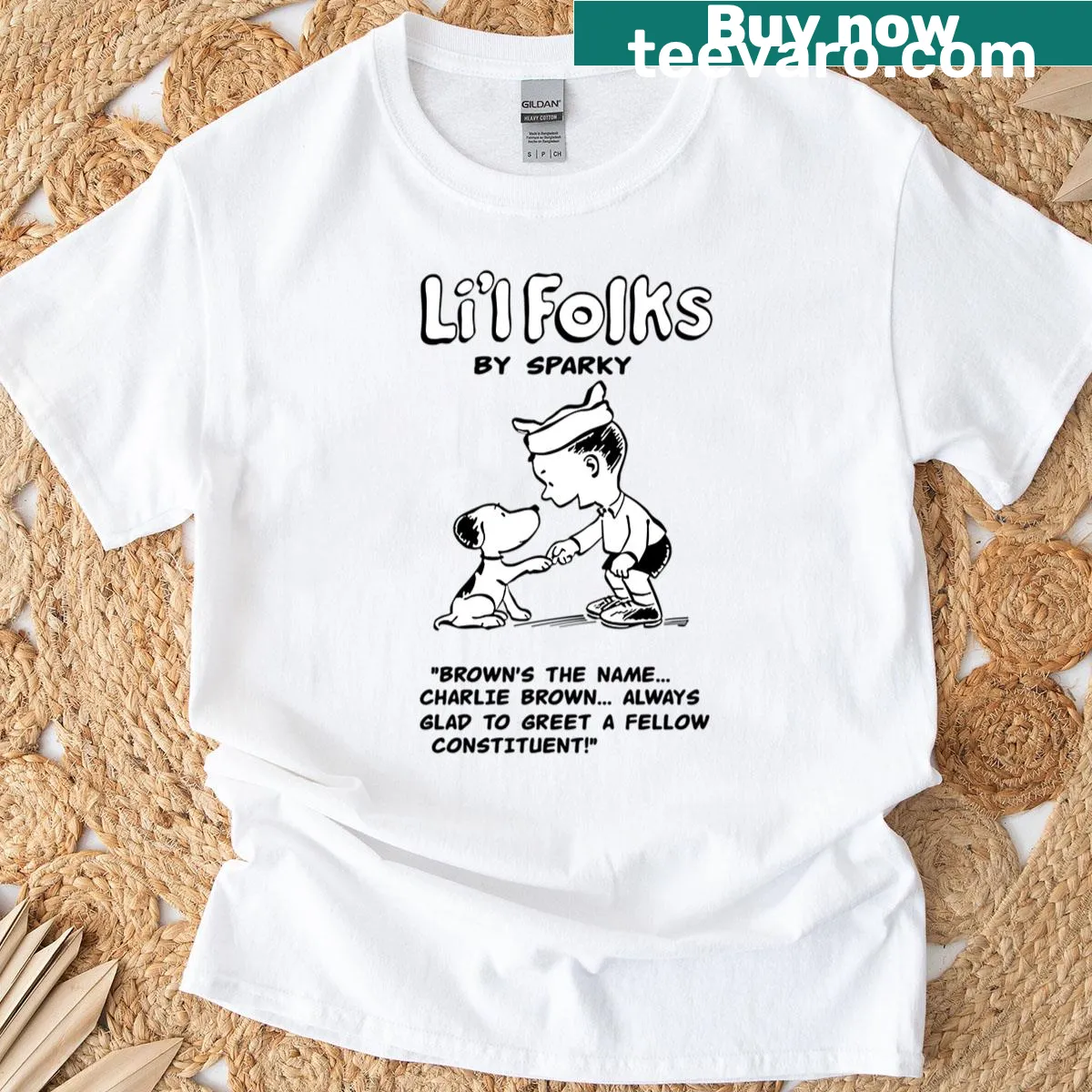 Oversized t-shirt with 'Lil Folks - Always Glad To Meet A Fellow Constituent' text — on a men's t-shirt