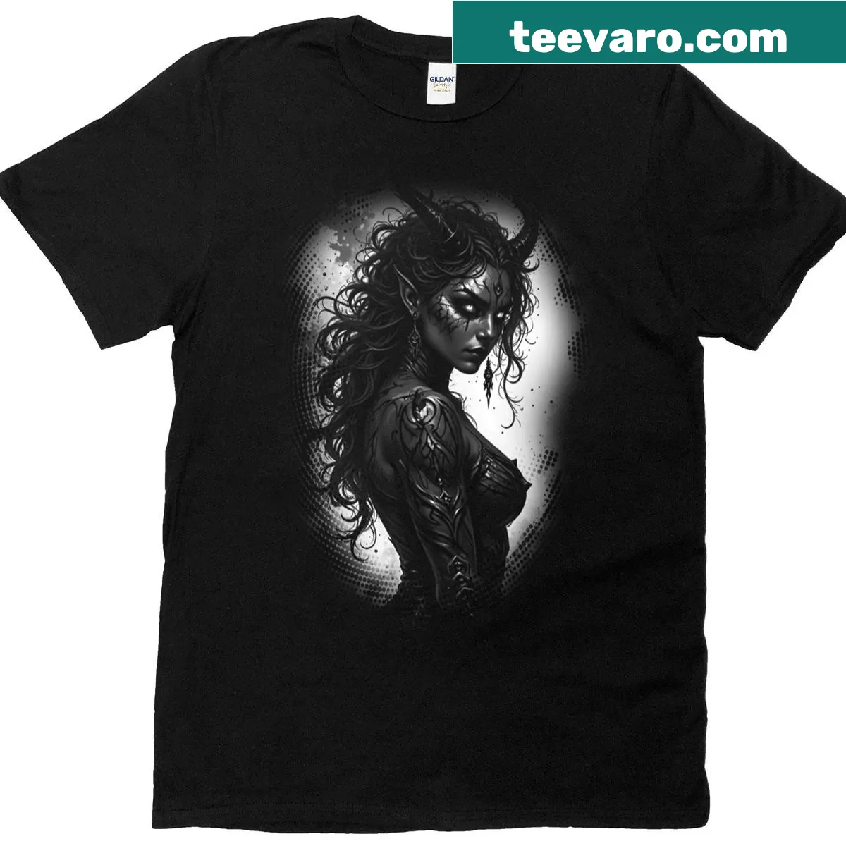 Gothic t-shirt featuring Lilith and Santa Muerte illustrations — on a men's t-shirt