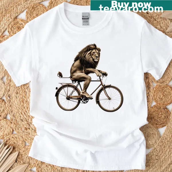 Funny T-shirt with a lion riding a vintage bicycle