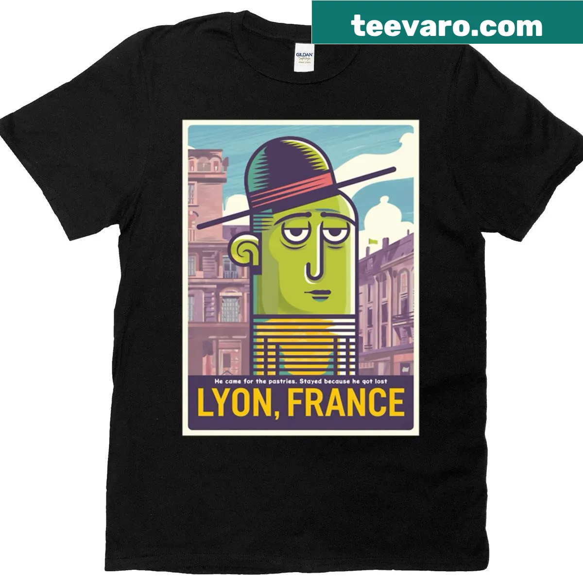 Illustrative t-shirt featuring Lyon pastries art design — on a men's t-shirt
