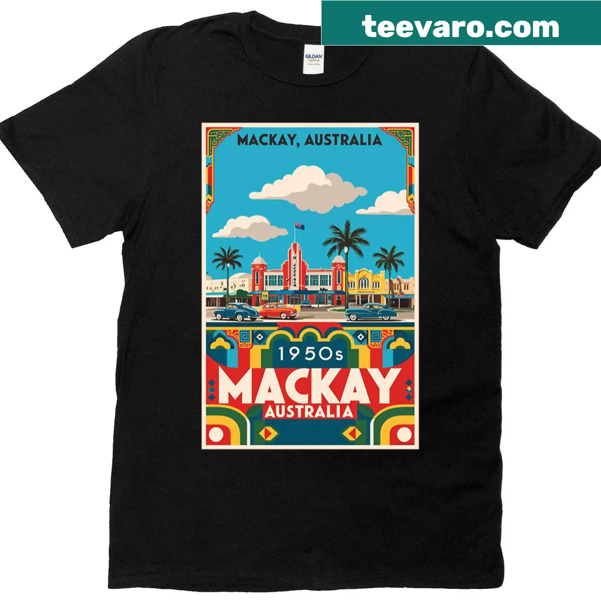 Vintage-style travel t-shirt representing Mackay, Australia — on a men's t-shirt