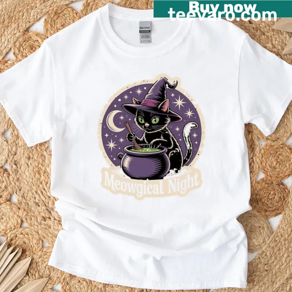 Whimsical cat-themed T-shirt with cute illustrations