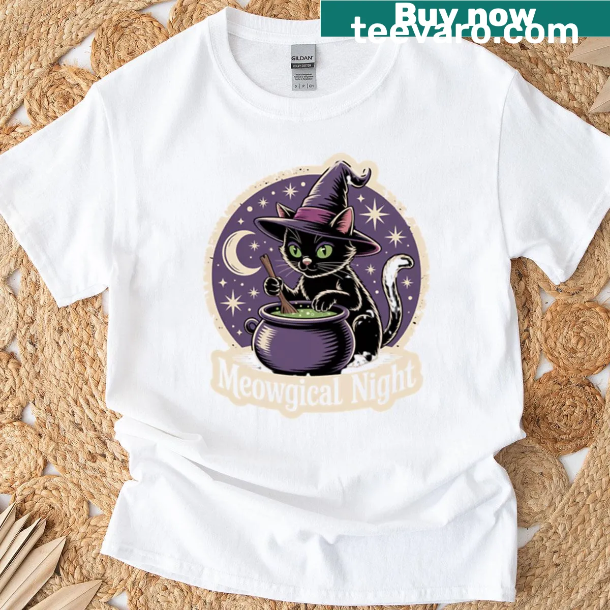 Whimsical cat-themed T-shirt with cute illustrations — on a men's t-shirt