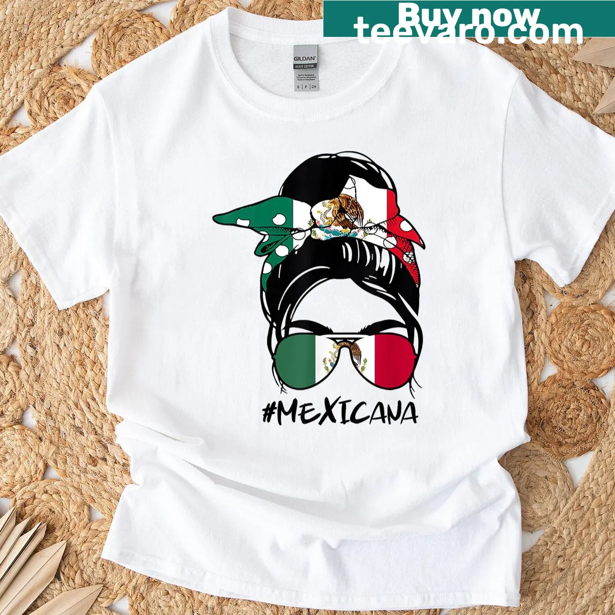 Cartoon T-shirt with messy bun design featuring Mexican flag for moms — on a men's t-shirt