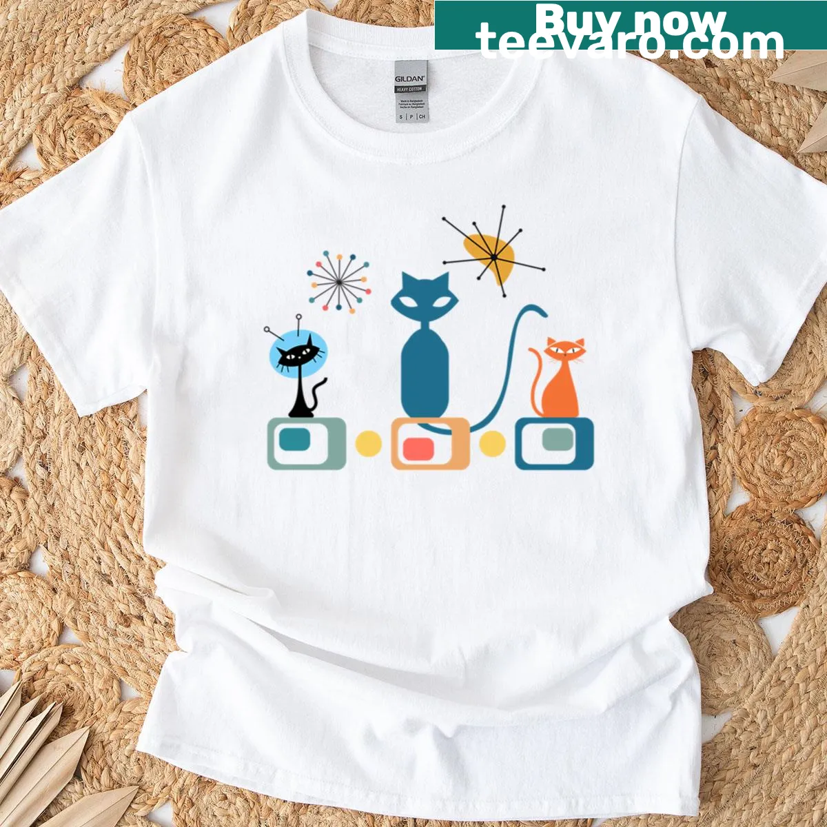 Retro atomic space age T-shirt featuring mid-century modern cats — on a men's t-shirt
