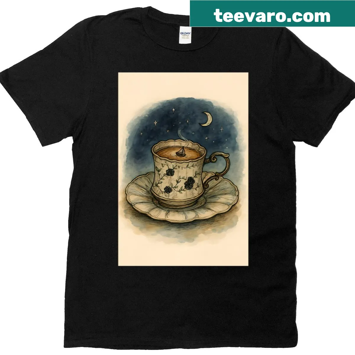 Oversized T-shirt featuring a whimsical teacup design — on a men's t-shirt