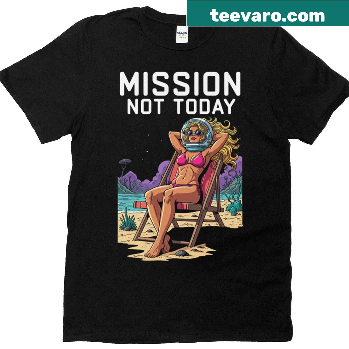 Playful astronaut on a beach vacation graphic t-shirt — on a men's t-shirt