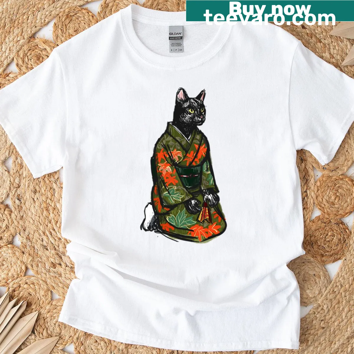 Cute t-shirt featuring a cat in a Momiji kimono — on a men's t-shirt