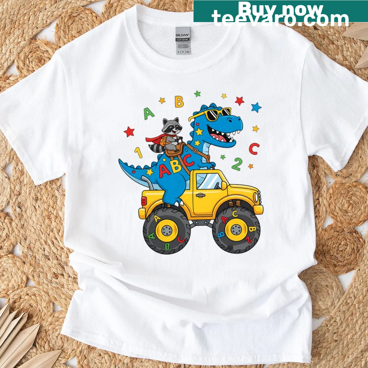 Funny graphic of a raccoon riding a dinosaur on an ABC shirt — on a men's t-shirt