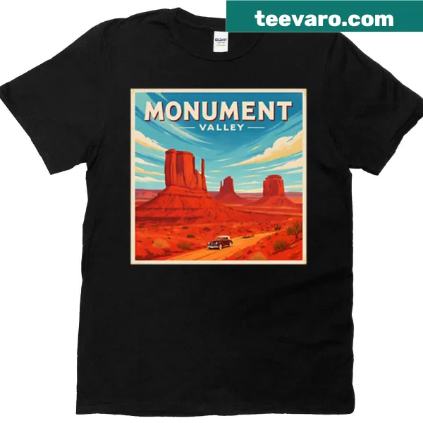 Retro travel poster T-shirt featuring Monument Valley design.