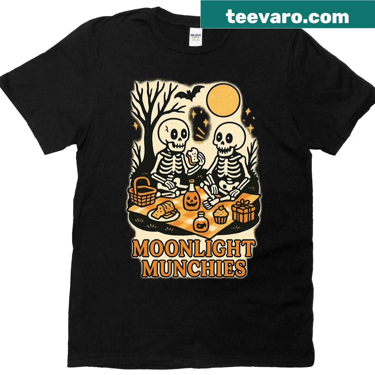 Skeleton picnic illustration under the moon on a T-shirt — on a men's t-shirt