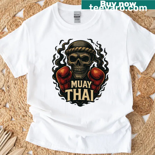 Vintage skull warrior graphic on Muay Thai t-shirt.