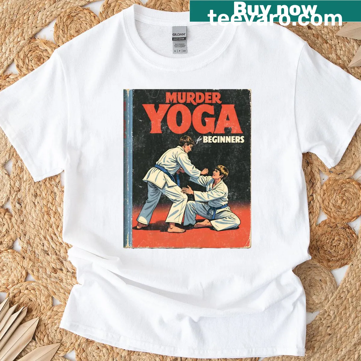 Retro t-shirt featuring humorous graphic about yoga and martial arts — on a men's t-shirt