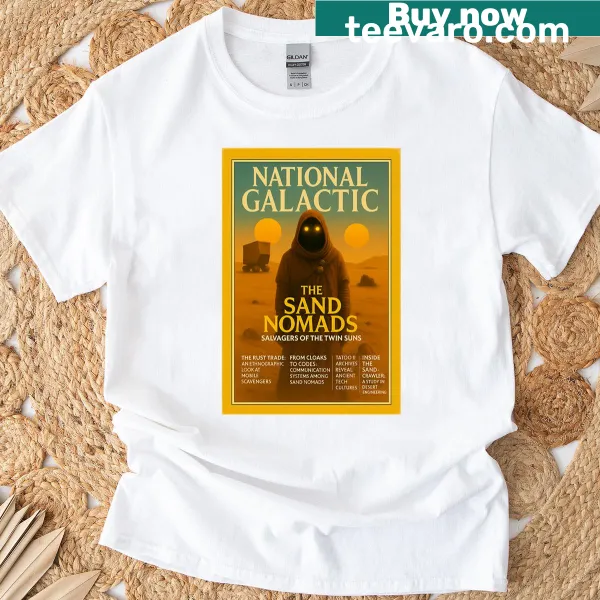 Whimsical typography design on National Galactic Desert Salvagers T-shirt