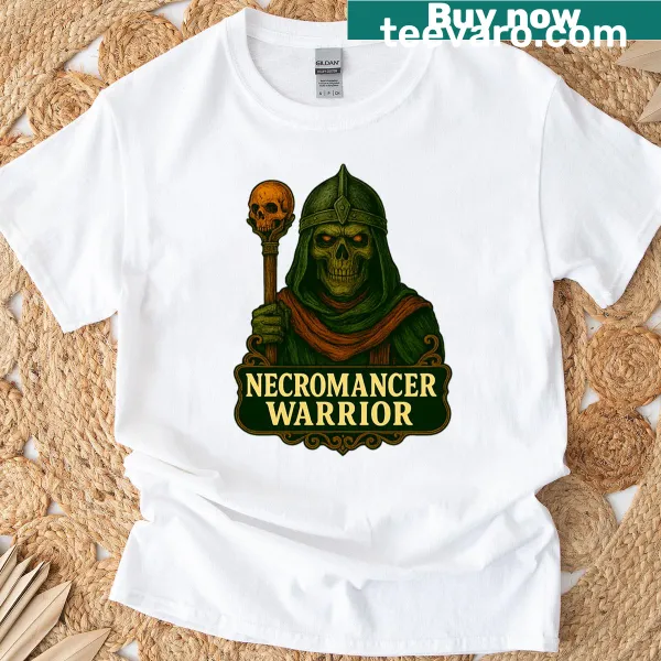 Illustrated necromancer warrior skeleton mage design T-shirt