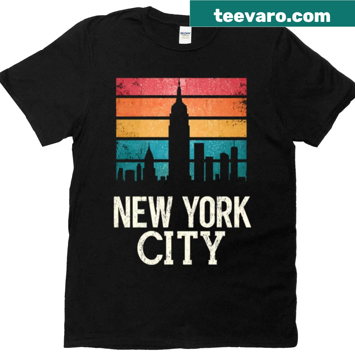 Retro New York City skyline t-shirt featuring iconic landmarks — on a men's t-shirt