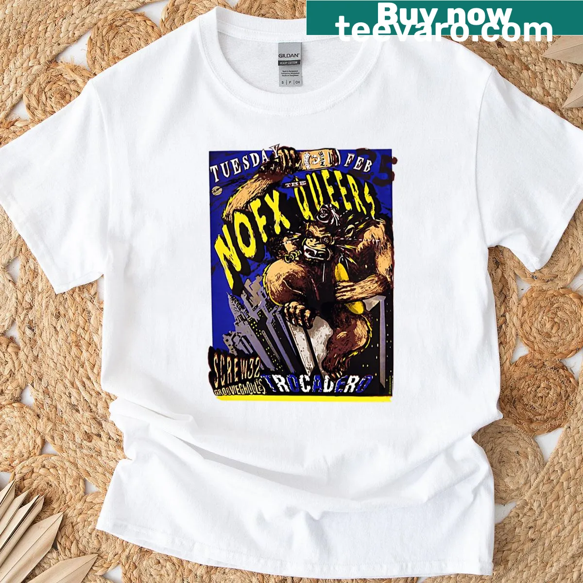 Official concert poster T-shirt featuring Nofx and The Queers — on a men's t-shirt